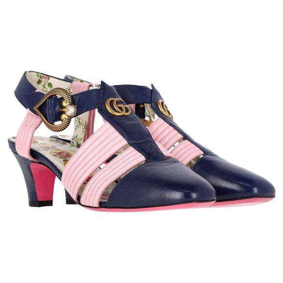 Gucci GG Logo T-Strap Mid-Heeled Sandals in Blue and Pink Leather - Picture 4 of 6